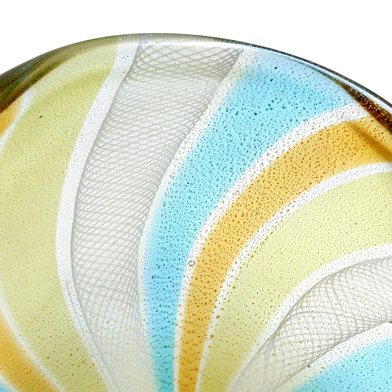 Murano Gold Flecks, Ribbons, Pinwheel Stripe Italian Art Glass Decorative Bowl In Excellent Condition In Kissimmee, FL