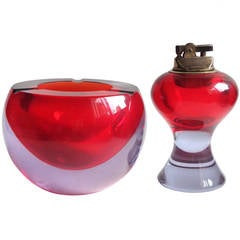 Cenedese Murano Red Purple Alexandrite Italian Art Glass Ashtray Lighter Set