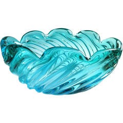 Vintage Alfredo Barbini Murano Sommerso Aqua Blue Italian Art Glass Center Bowl