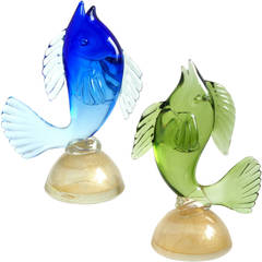 Alfredo Barbini Murano Sommerso Blue, Green, Italian Art Glass Fish Sculptures 1