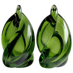 Alfredo Barbini Murano Sommerso Forest Green Italian Art Glass Flame Bookends