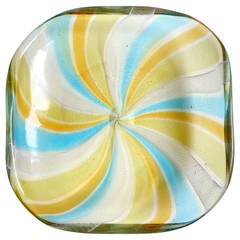 Murano Gold Flecks, Ribbons, Pinwheel Stripe Italian Art Glass Decorative Bowl