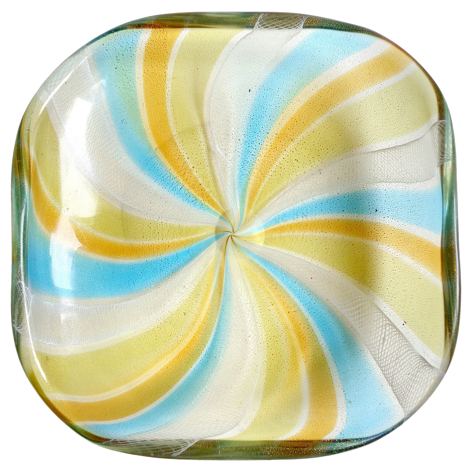 Murano Gold Flecks, Ribbons, Pinwheel Stripe Italian Art Glass Decorative Bowl