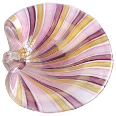Retro Cenedese Murano a Canne Ribbons Iridescent Italian Art Glass Seashell Dish