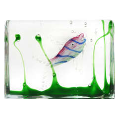 Cenedese Murano Pink Blue Stripe Fish Aquarium Block Italian Art Glass Sculpture