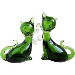 Alfredo Barbini Murano Sommerso Green Italian Art Glass Kitty Cat Figurines