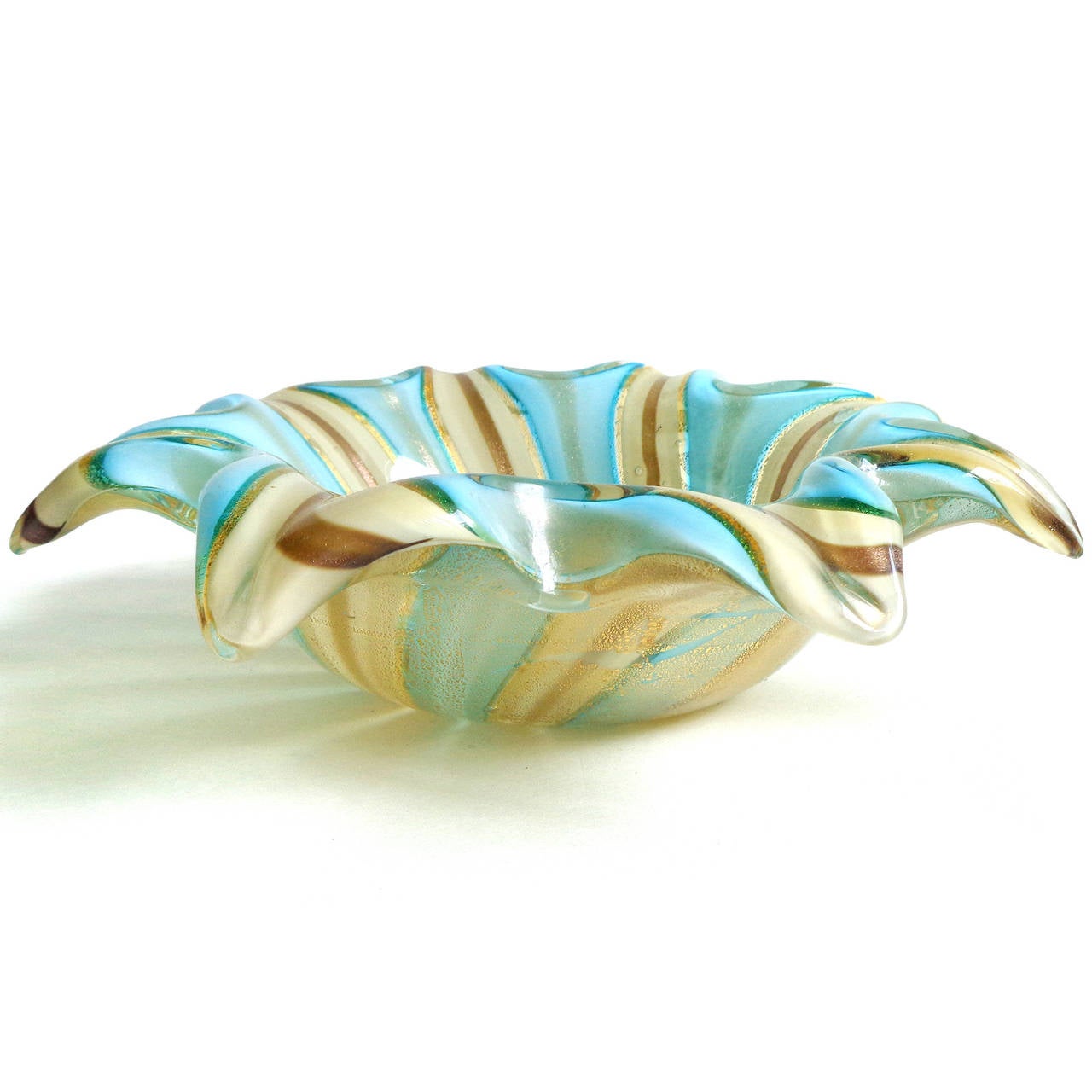 Free shipping worldwide! See details below description.

Gorgeous Murano handblown blue, cream, gold and aventurine flecks art glass starfish shaped bowl. Attributed to designer Dino Martens for Aureliano Toso. The bowl is made up of very large