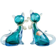 Retro Alfredo Barbini Murano Sommerso Aqua Blue Italian Art Glass Kitty Cat Figurines