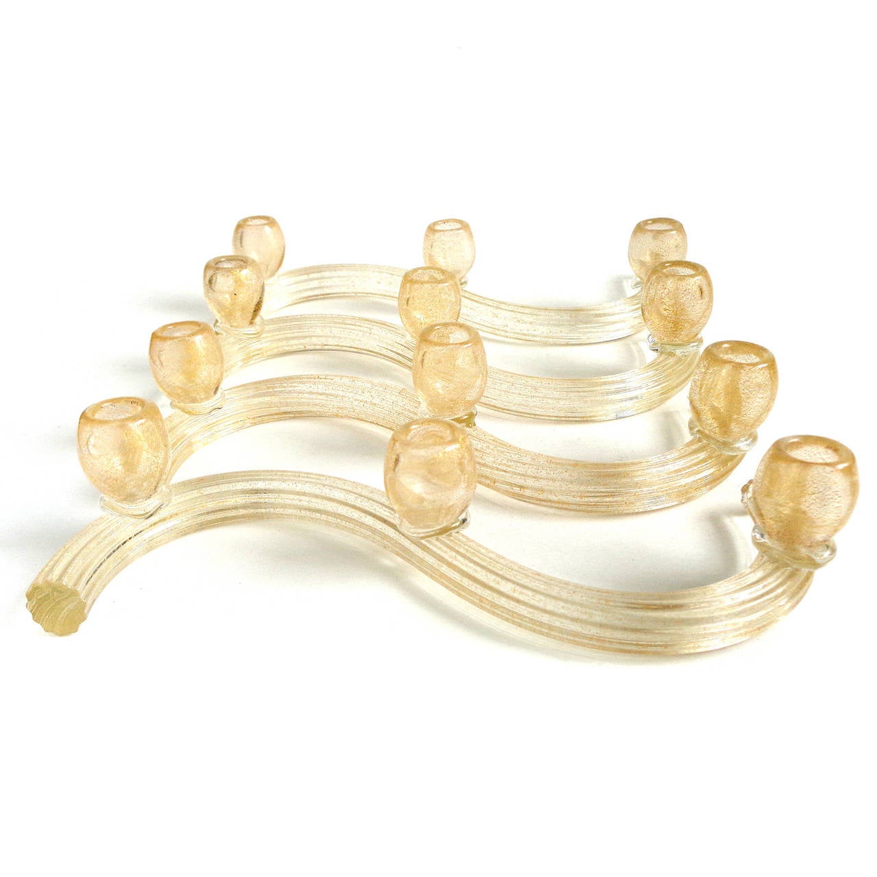 Salviati Vetreria Mosaic Murano Gold Flecks Italian Art Glass Candlesticks Set