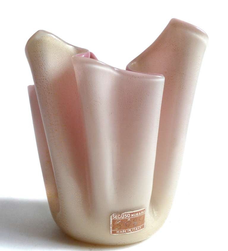 Mid-Century Modern Seguso Vetri D' Arte Murano Pink Gold Flecks Italian Art Glass Bowls Vase Set