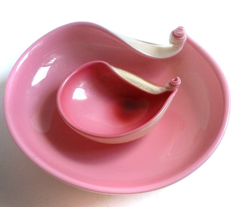 Blown Glass Seguso Vetri D' Arte Murano Pink Gold Flecks Italian Art Glass Bowls Vase Set