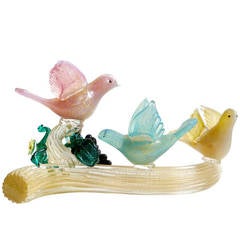 Retro Barovier Toso Murano Gold Flecks Opalescent Birds Italian Art Glass Sculpture