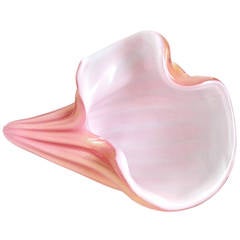 Alfredo Barbini Murano Pink, White, Gold Flecks Italian Art Glass Seashell Bowl