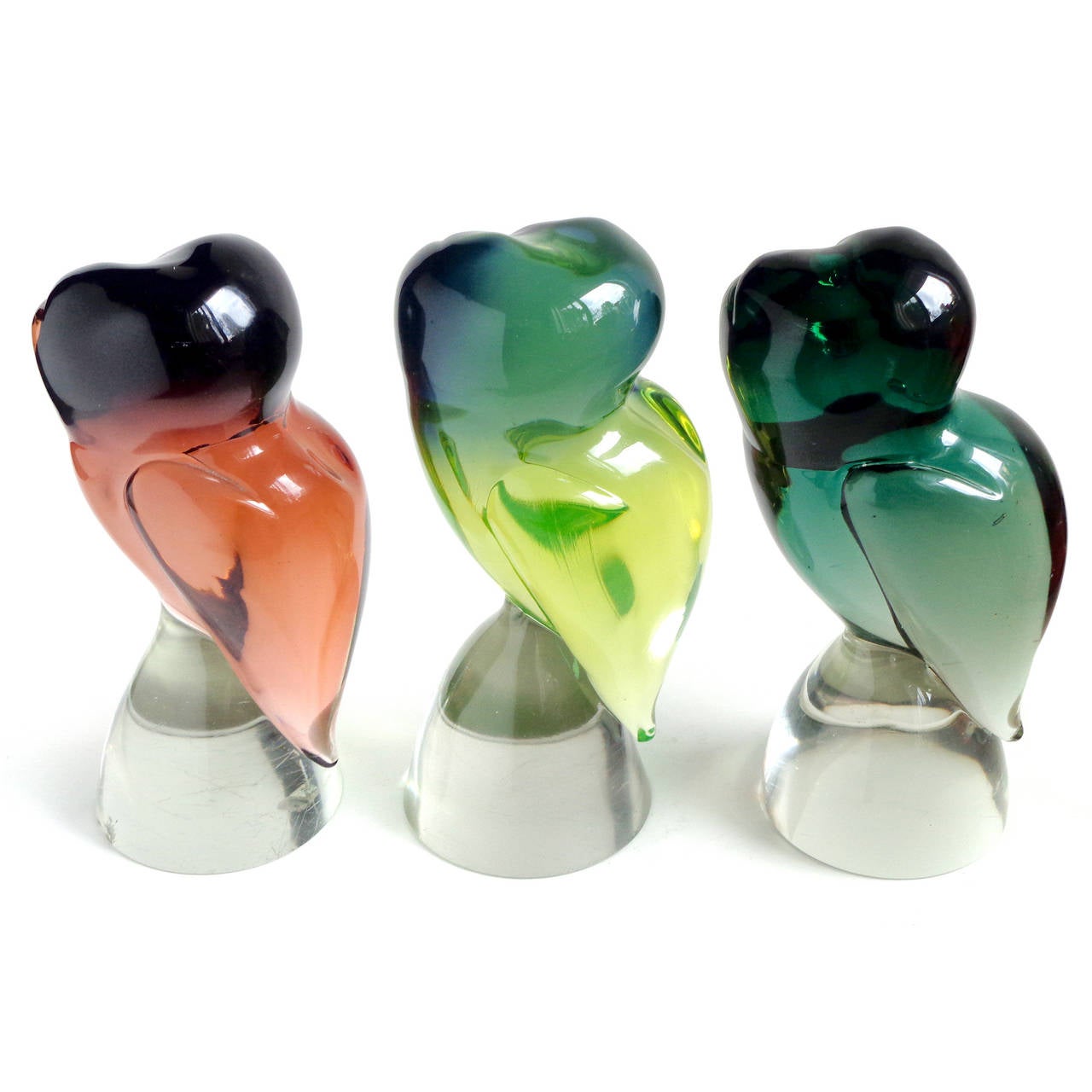 Salviati Murano Teal, Green and Wine Red Italian Art Glass Owl Bird Sculptures 1