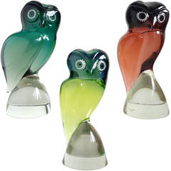 Salviati Murano Teal, Green and Wine Red Italian Art Glass Owl Bird Sculptures