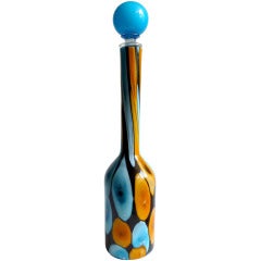 Fratelli Toso Murano Blue Orange Spots on Black Italian Art Glass Decanter