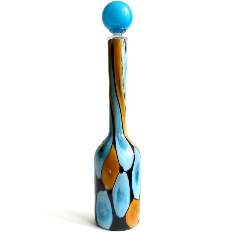 Rare Murano Hand Blown Large Blue and Orange Spots on Black Background Art Glass Decanter. Documented to artist designer Ermanno Toso, for the Fratelli Toso company. The design is called 