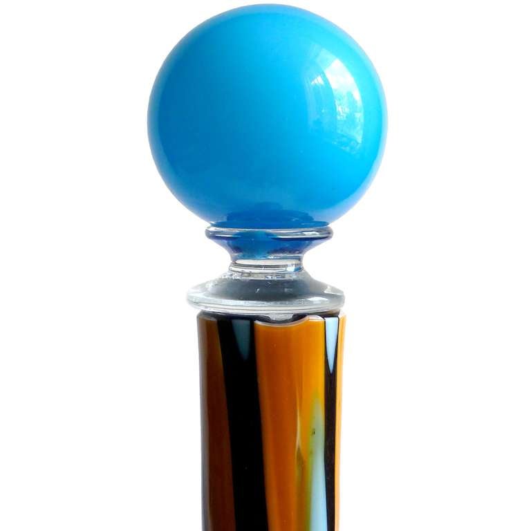 Mid-Century Modern Fratelli Toso Murano Blue Orange Spots on Black Italian Art Glass Decanter