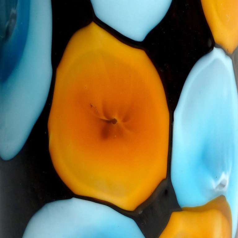 Mid-20th Century Fratelli Toso Murano Blue Orange Spots on Black Italian Art Glass Decanter