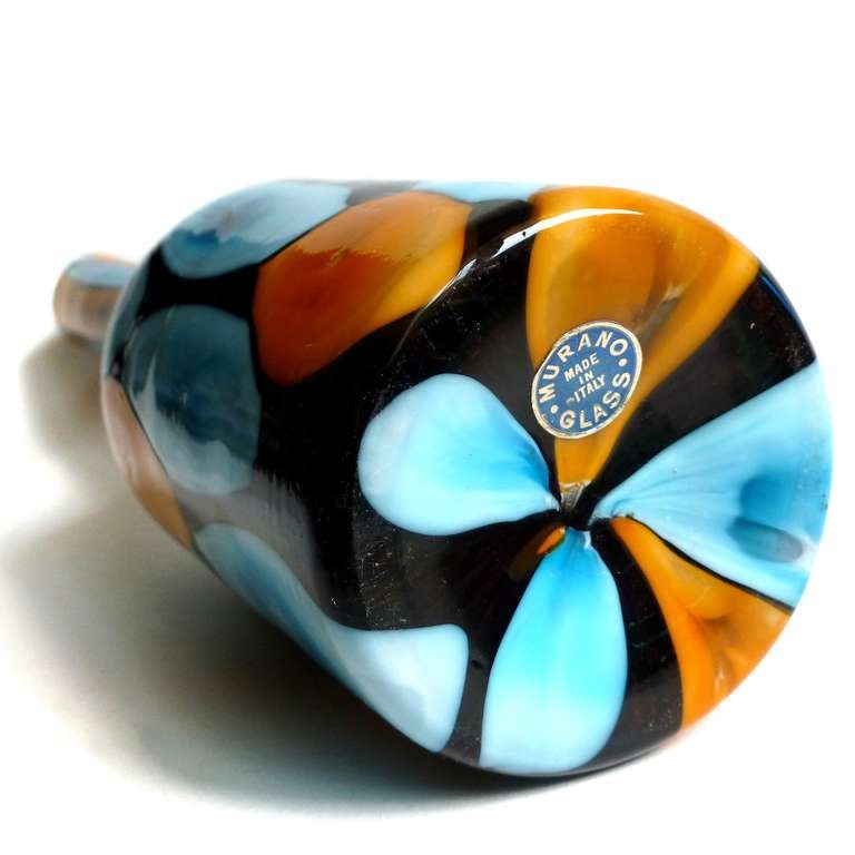 Blown Glass Fratelli Toso Murano Blue Orange Spots on Black Italian Art Glass Decanter