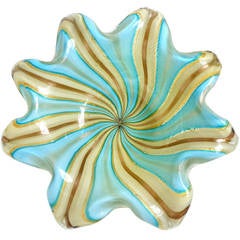 Dino Martens Aureliano Toso Murano Blue Gold Italian Art Glass Starfish Bowl