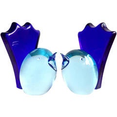 Salviati Murano Sommerso Cobalt Blue Italian Art Glass Bird Bookend Sculptures 6