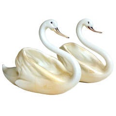 Retro Seguso Vetri D'Arte Murano, Gold Flecks Swan Italian Art Glass Bird Sculptures