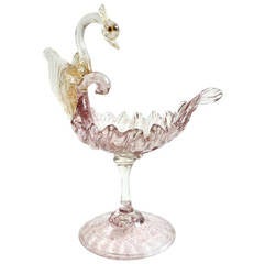 Salviati Venetian Antique Gold Flecks Swan Purple Italian Art Glass Footed Bowl