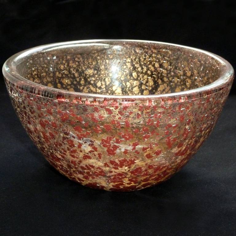 Ercole Barovier Toso Murano Red Gold Flecks Italian Art Glass Decorative Bowl In Excellent Condition In Kissimmee, FL
