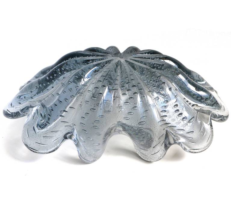 Mid-Century Modern Murano Silver Flecks Steel Gray Color Italian Art Glass Centerpiece Bowl
