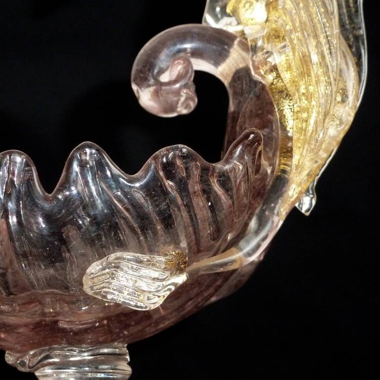 19th Century Salviati Venetian Antique Gold Flecks Swan Purple Italian Art Glass Footed Bowl