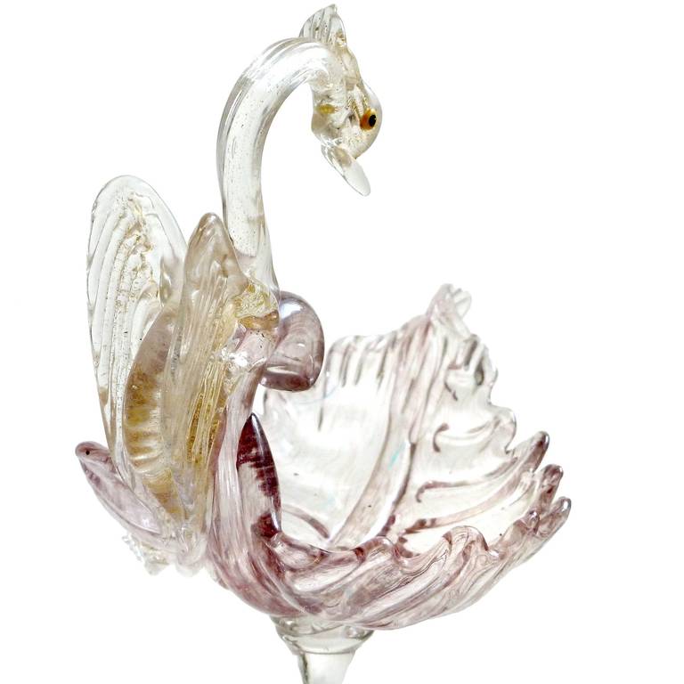 Victorian Salviati Venetian Antique Gold Flecks Swan Purple Italian Art Glass Footed Bowl