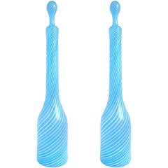 Fratelli Toso Murano Blue White Ribbon Design Italian Art Glass Decanters