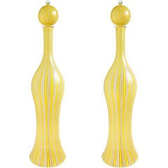 Fratelli Toso Murano Yellow White Ribbons Italian Art Glass Decanters 1