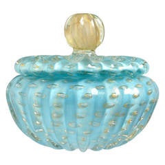 Alfredo Barbini Murano Blue Gold Flecks, Italian Art Glass Vanity Powder Box