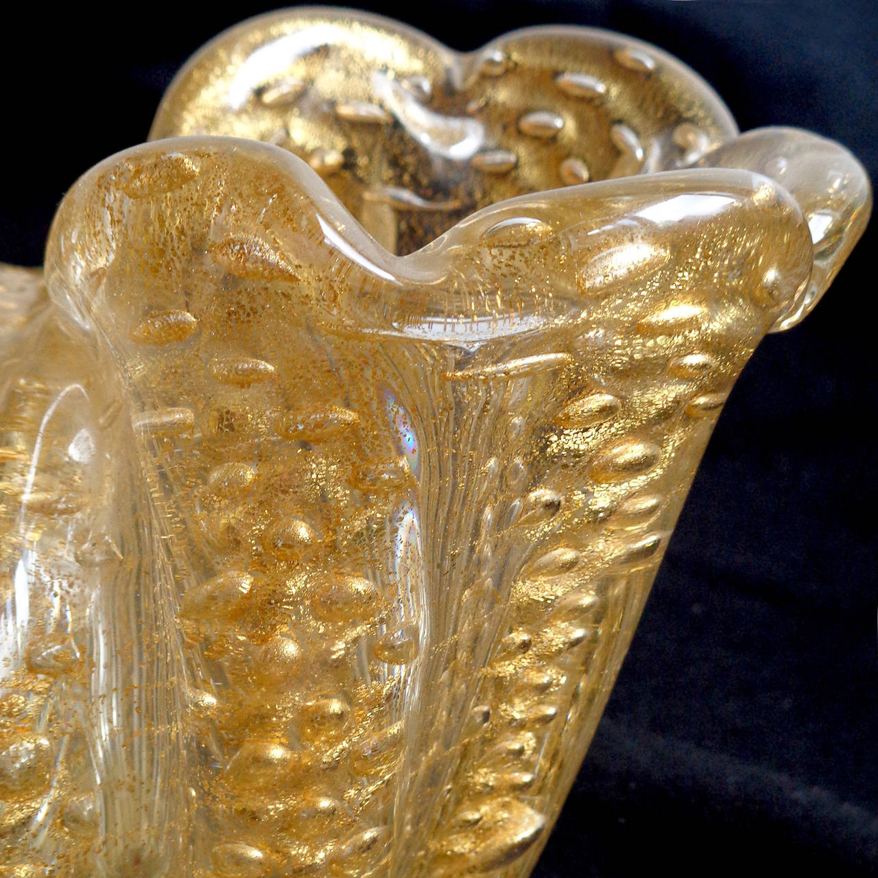 Hand-Crafted Ercole Barovier Toso Murano Bubbles Gold Flecks Italian Art Glass Double Vase