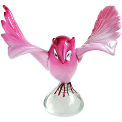 Archimede Seguso Murano Pink White Italian Art Glass Owl Sculpture, Signed