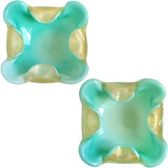 Archimede Seguso Murano Aqua Gold Flecks Italian Art Glass Bowl Dish Set 6