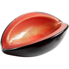 Alfredo Barbini Murano Oarnge Black Gold Italian Art Glass Melon Cut Bowl