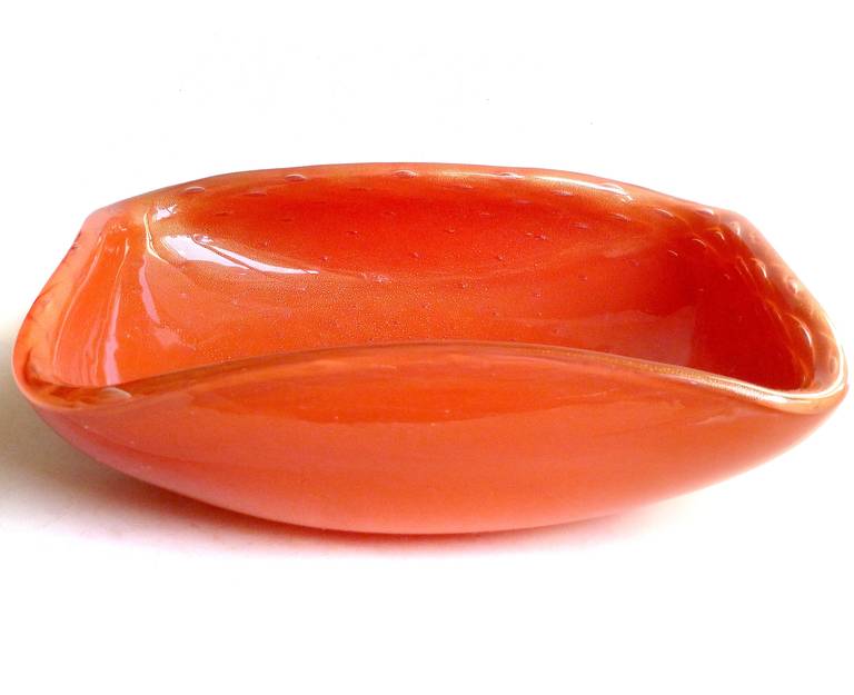 Alfredo Barbini Murano Orange and Blue Gold Flecks Italian Art Glass Bowls