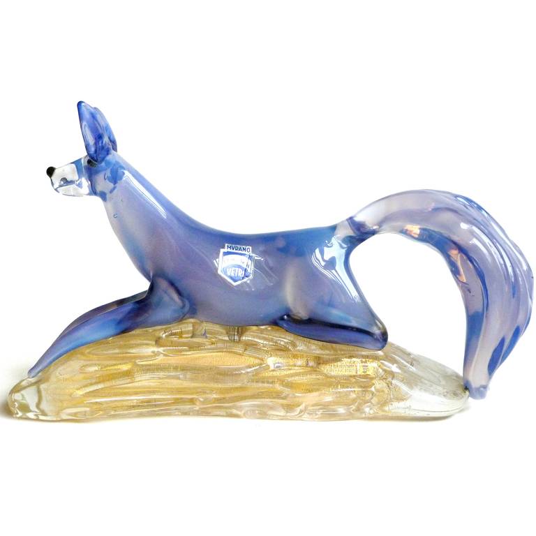 Mid-Century Modern Cenedese Murano Blue Opalescent Fox on Gold Flecks Italian Art Glass Sculpture