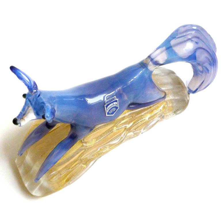 Mid-20th Century Cenedese Murano Blue Opalescent Fox on Gold Flecks Italian Art Glass Sculpture