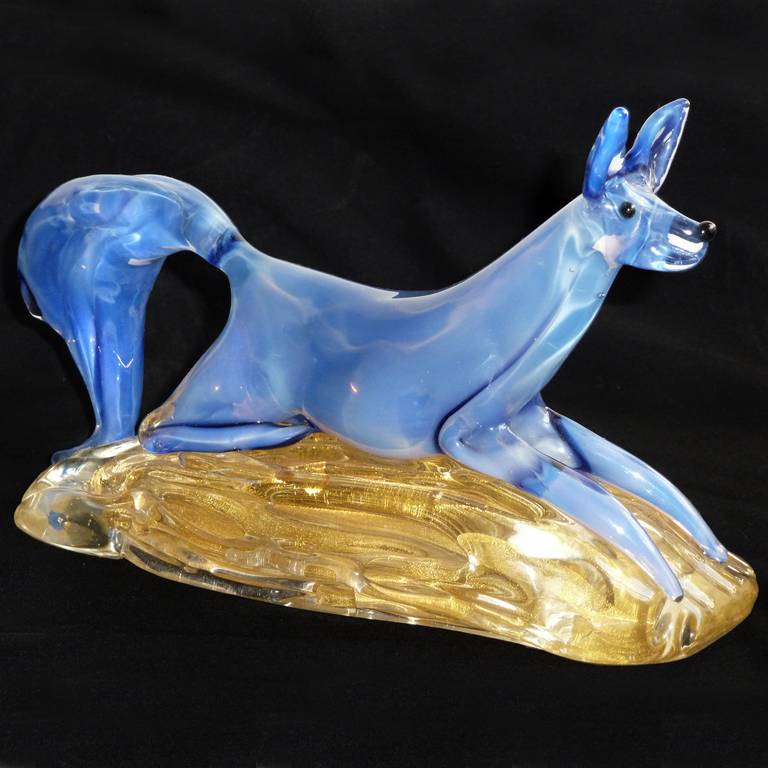 Blown Glass Cenedese Murano Blue Opalescent Fox on Gold Flecks Italian Art Glass Sculpture
