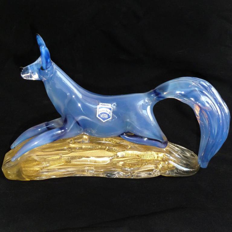 Cenedese Murano Blue Opalescent Fox on Gold Flecks Italian Art Glass Sculpture 1