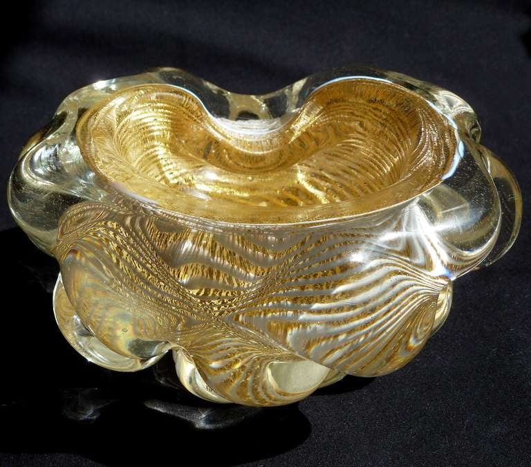 Barovier Toso Murano Gold Flecks Optic Swirl Italian Art Glass Sculptural Bowl 1