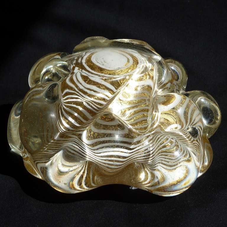Barovier Toso Murano Gold Flecks Optic Swirl Italian Art Glass Sculptural Bowl 2