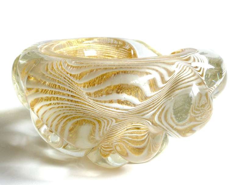 Mid-Century Modern Barovier Toso Murano Gold Flecks Optic Swirl Italian Art Glass Sculptural Bowl