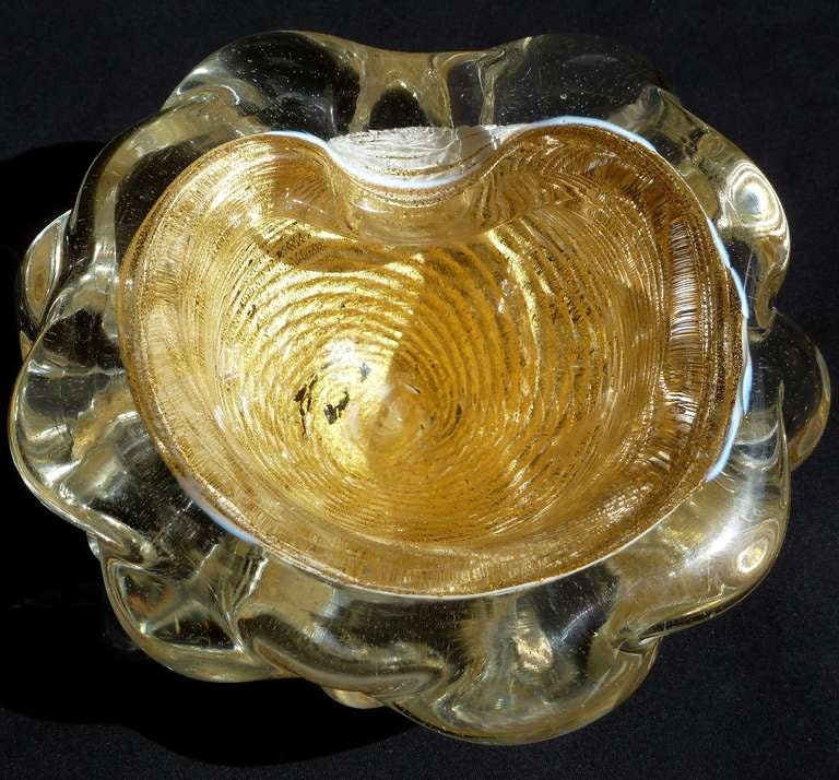 Blown Glass Barovier Toso Murano Gold Flecks Optic Swirl Italian Art Glass Sculptural Bowl