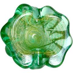 Ercole Barovier Murano Green Gold Flecks Chunky Italian Art Glass Bowl