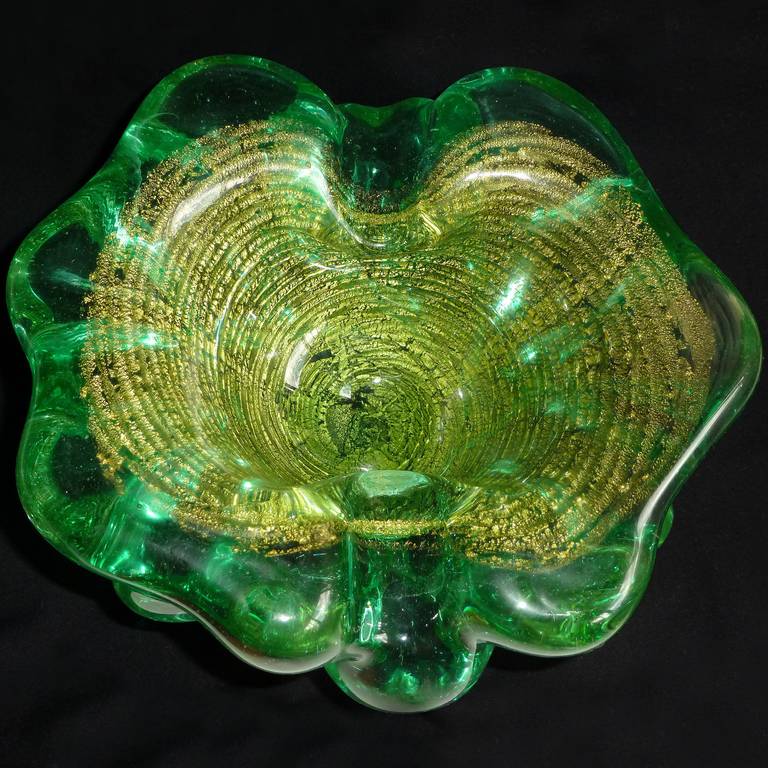 Ercole Barovier Murano Green Gold Flecks Chunky Italian Art Glass Bowl At 1stdibs